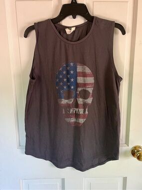 Cotton On Charcoal Sleeveless Tank with American Flag Skull Graphic